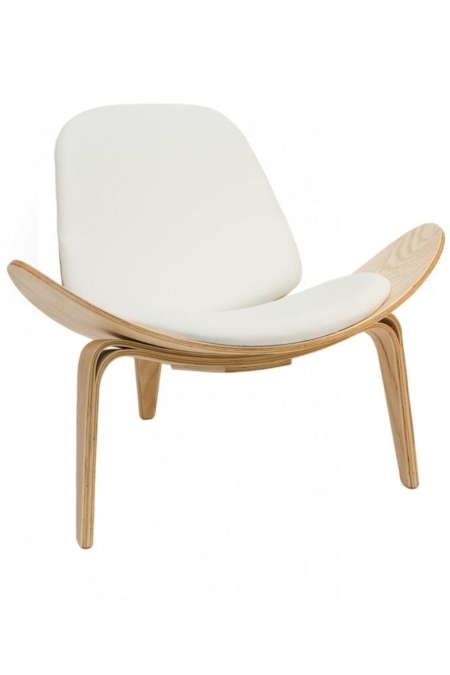 Hans Wegner Replica Lounge Shell Chair PU Leather - Natural Frame - White