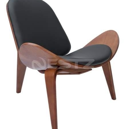 Hans Wegner Replica Lounge Shell Chair PU Leather - Walnut Frame - Black