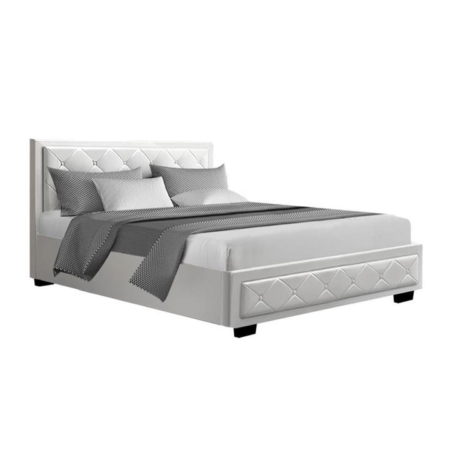 Tiyo Bed Frame PU Leather Gas Lift Storage - White Double