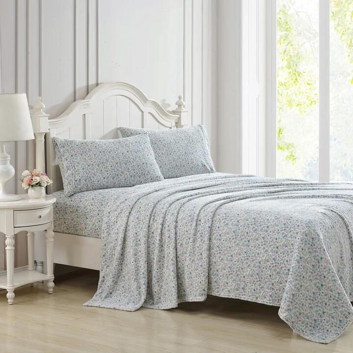 Laura Ashley Emogene Flannel Fleece Sheet Set Heather-Queen