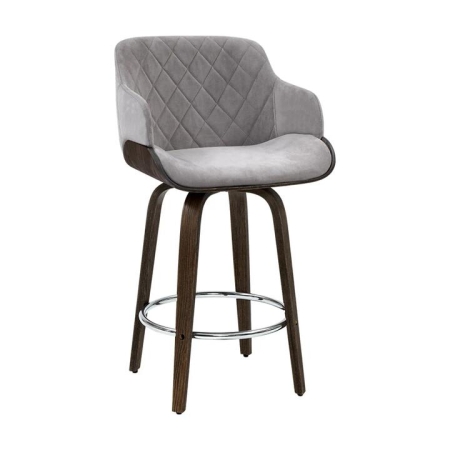 Velvet Fabric Bar Stool Swivel Wooden Frame - Grey and Wood
