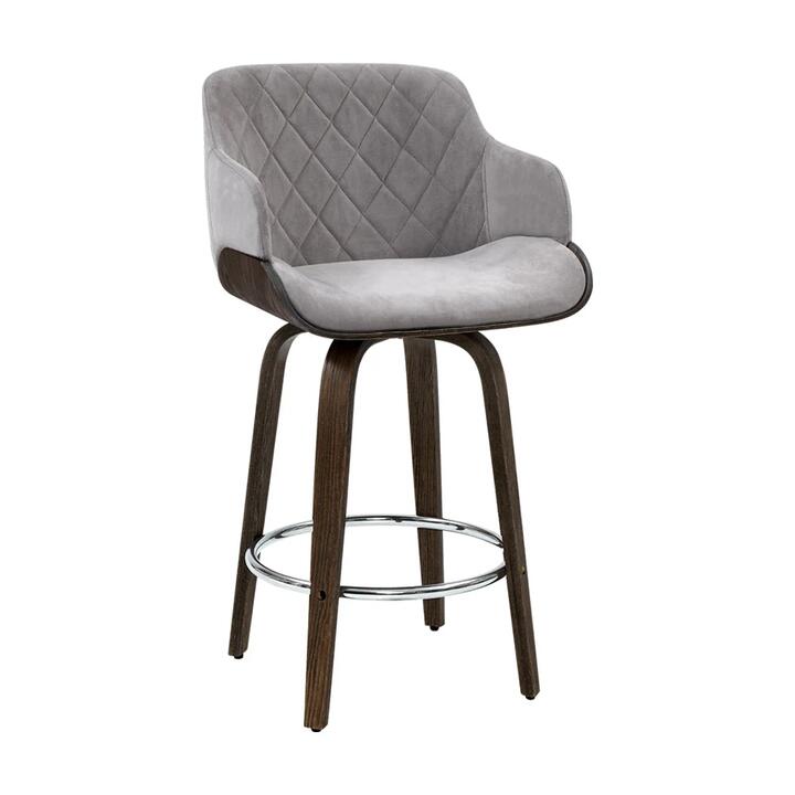 Velvet Fabric Bar Stool Swivel Wooden Frame - Grey and Wood
