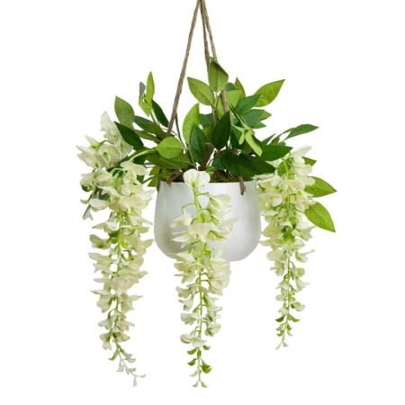 Glamorous Fusion Wisteria 75cm Artificial Fake Plant Decorative Arrangement Cream In Hanging Planter
