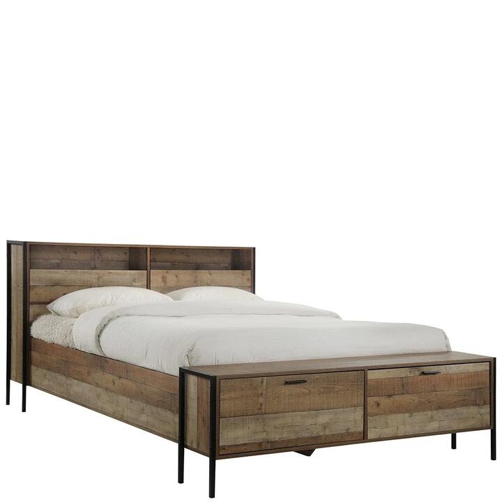 Queen Size Storage Bed Farme in Oak Colour with Particle Board Contraction and Metal Legs