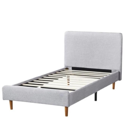 Design Square Fabric Bed Frame With Bed Head Single Size Solid Wood Legs Light Grey