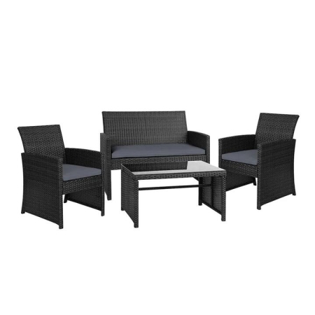Set of 4 Outdoor Wicker Chairs & Table - Black