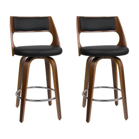 Set of 2 Wooden Bar Stools PU Leather - Black and Wood