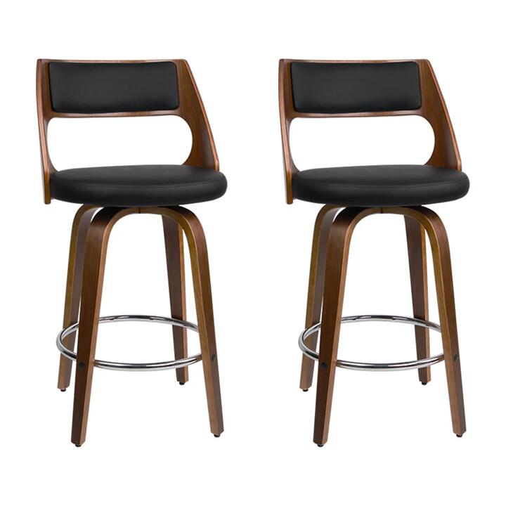 Set of 2 Wooden Bar Stools PU Leather - Black and Wood