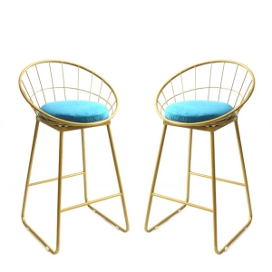 Set Of 2 Shelly Kitchen Counter Bat Stool Gold Metal Frame W/ Cushion 65cm - Aqua Blue
