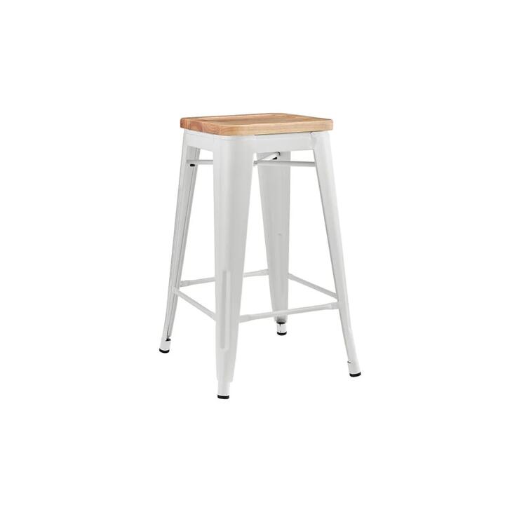 Set of 2 Xavier Pauchard Replica Tolix Kitchen Counter Bar Stools 65cm W/ Wood Seat - White - White / 65cm / Wood