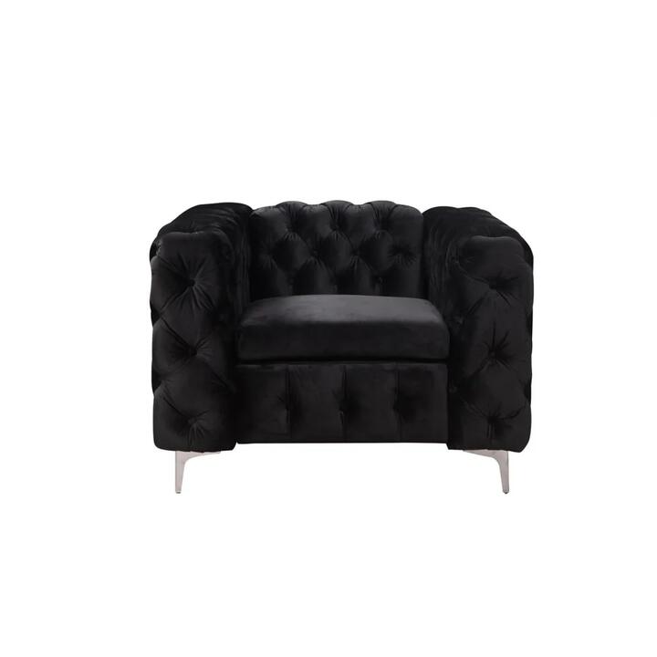 Single Seater Black Sofa Classic Armchair Button Tufted in Velvet Fabric with Metal Legs