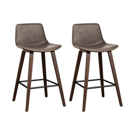 Set of 2 PU Leather Bar Stools Square Footrest - Wood and Brown
