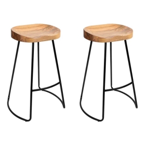 Set of 2 Elm Wood Backless Bar Stools 65cm - Black and Light Natural