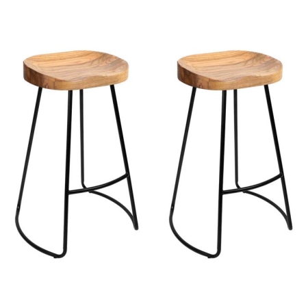 Set of 2 Elm Wood Backless Bar Stools 65cm - Black and Light Natural