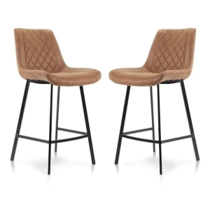Raimon Furniture Set of 2 Fin Fabric Suede Kitchen Counter Bar Stool Black Metal Legs 66cm - Cognac