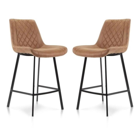 Raimon Furniture Set of 2 Fin Fabric Suede Kitchen Counter Bar Stool Black Metal Legs 66cm - Cognac