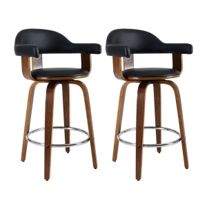 Set of 2 Bar Stools PU Leather Wooden Swivel - Wood
