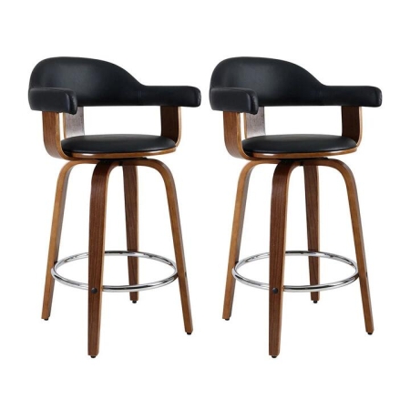 Set of 2 Bar Stools PU Leather Wooden Swivel - Wood