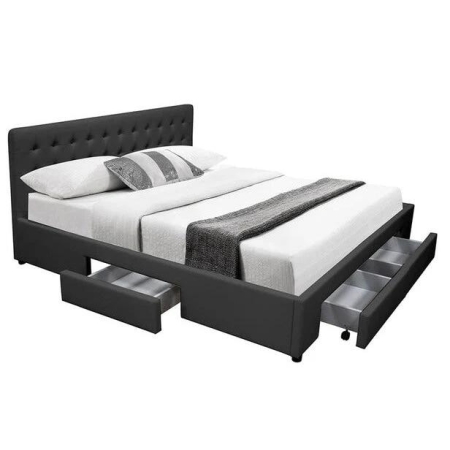 Design Square PU Leather Queen Bed Headboard With Drawers Storage - Black