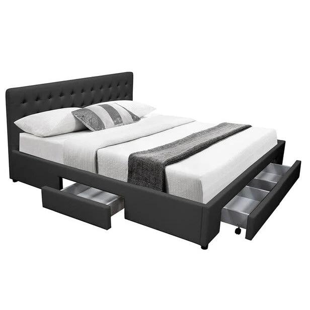 Design Square PU Leather Queen Bed Headboard With Drawers Storage - Black