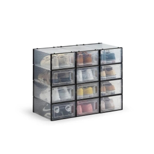 Set of 12 Click Shoe Storage Organisers Cabinet Box Large - Clear/Black - Clear/Black / Large