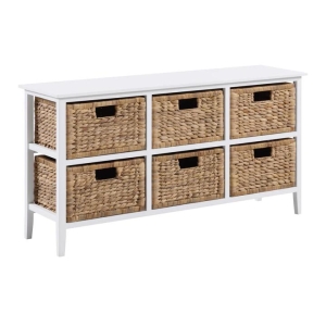 Design Square Rory Low Chest Of 6-Drawers Lowboy Dresser Storage W/ 6 Woven Baskets White