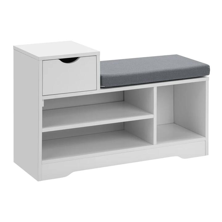 Design Square Ryker Wooden Shoe Shelves Rack Organiser Fabric Bench 80cm 1-Drawer White/Grey