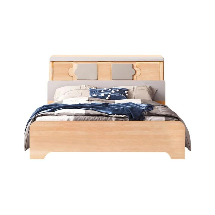 Design Square Scandinavian Wooden Bed Frame Built-In LED W/ Bed Head Double Size Oak