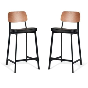 Set of 2 - Espriit Enfys Industrial Bar Stool 65cm - Black Frame - Natural Oak Back - Black Cushion Seat