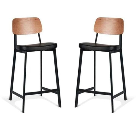 Set of 2 - Espriit Enfys Industrial Bar Stool 65cm - Black Frame - Natural Oak Back - Black Cushion Seat