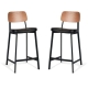 Set of 2 - Espriit Enfys Industrial Bar Stool 65cm - Black Frame - Natural Oak Back - Black Cushion Seat