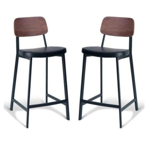 Set of 2 - Espriit Enfys Industrial Bar Stool 65cm - Black Frame - Walnut Back - Black Cushion Seat