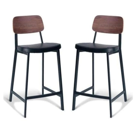 Set of 2 - Espriit Enfys Industrial Bar Stool 65cm - Black Frame - Walnut Back - Black Cushion Seat