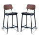 Set of 2 - Espriit Enfys Industrial Bar Stool 65cm - Black Frame - Walnut Back - Black Cushion Seat