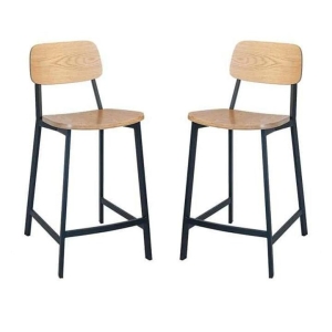 Set of 2 - Espriit Enfys Industrial Bar Stool 65cm - Black Frame - Natural Oak Back - Natural Veneer Seat