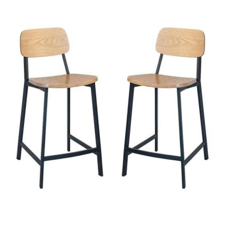 Set of 2 - Espriit Enfys Industrial Bar Stool 65cm - Black Frame - Natural Oak Back - Natural Veneer Seat