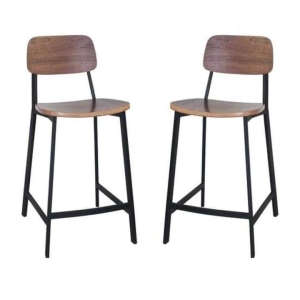 Set of 2 - Espriit Enfys Industrial Bar Stool 65cm - Black Frame - Walnut Back - Walnut Veneer Seat