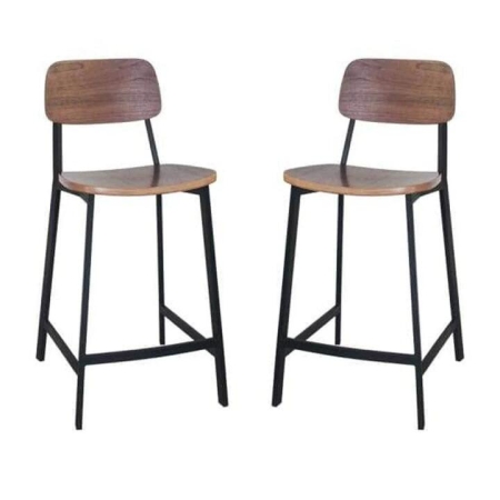 Set of 2 - Espriit Enfys Industrial Bar Stool 65cm - Black Frame - Walnut Back - Walnut Veneer Seat