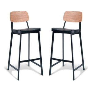 Set of 2 - Espriit Enfys Industrial Bar Stool 75cm - Black Frame - Natural Oak Back - Black Cushion Seat