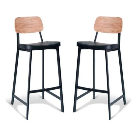 Set of 2 - Espriit Enfys Industrial Bar Stool 75cm - Black Frame - Natural Oak Back - Black Cushion Seat