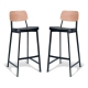 Set of 2 - Espriit Enfys Industrial Bar Stool 75cm - Black Frame - Natural Oak Back - Black Cushion Seat