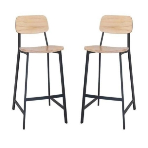 Set of 2 - Espriit Enfys Industrial Bar Stool 75cm - Black Frame - Natural Oak Back - Natural Veneer Seat