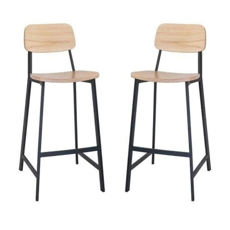Set of 2 - Espriit Enfys Industrial Bar Stool 75cm - Black Frame - Natural Oak Back - Natural Veneer Seat