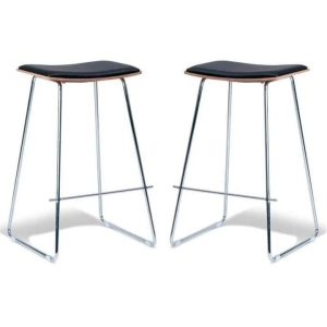 Set of 2 - Porter Nordberg Kitchen Counter Bar Stool 73m - Chrome Frame - Natural Veneer - Black Cushion Seat