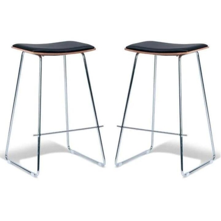 Set of 2 - Porter Nordberg Kitchen Counter Bar Stool 73m - Chrome Frame - Natural Veneer - Black Cushion Seat