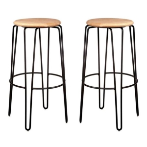 Set of 2 - Storo Bar Stool 75cm - Black Frame - Natural Timber Seat