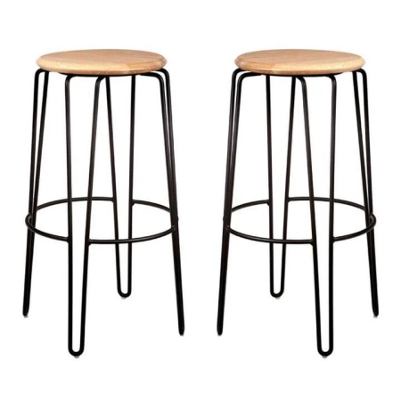 Set of 2 - Storo Bar Stool 75cm - Black Frame - Natural Timber Seat