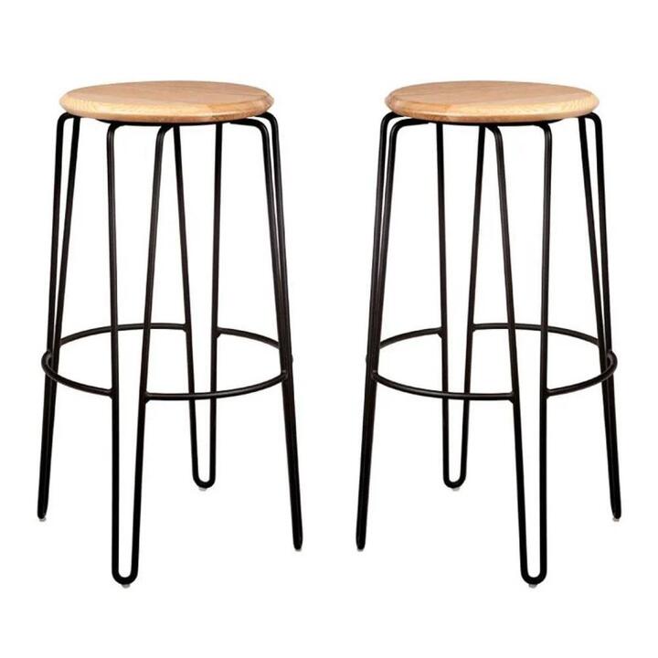 Set of 2 - Storo Bar Stool 75cm - Black Frame - Natural Timber Seat