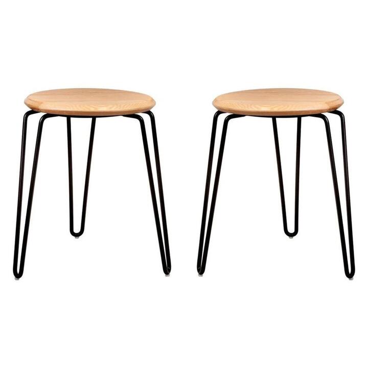 Set of 2 - Storo Bar Stool 45cm - Black Frame - Natural Timber Seat