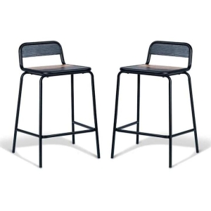 Set of 2 - Sam Aurora Industrial Flat Bar Stool - 65cm - Black Frame - Brown Timber Seat